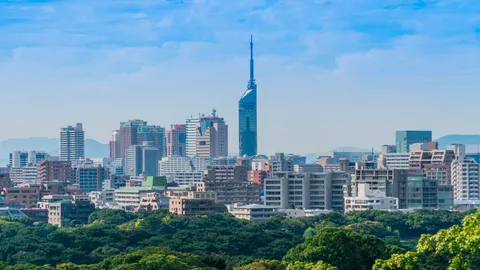 Fukuoka waterfront with the city skyline at dusk